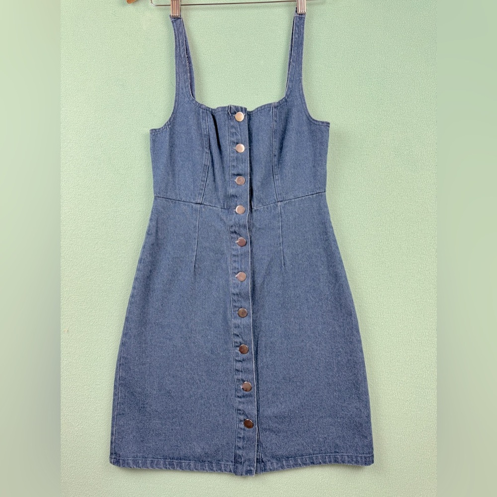 Lulus Denim Dress Women’s XS Cotton Fit And Flare Tank Dress Square Necklane